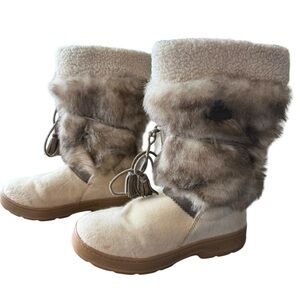 LL Bean Women's Snow Boots Sz 6 Faux Fur Pony Hair Cream Brown Mid Calf …